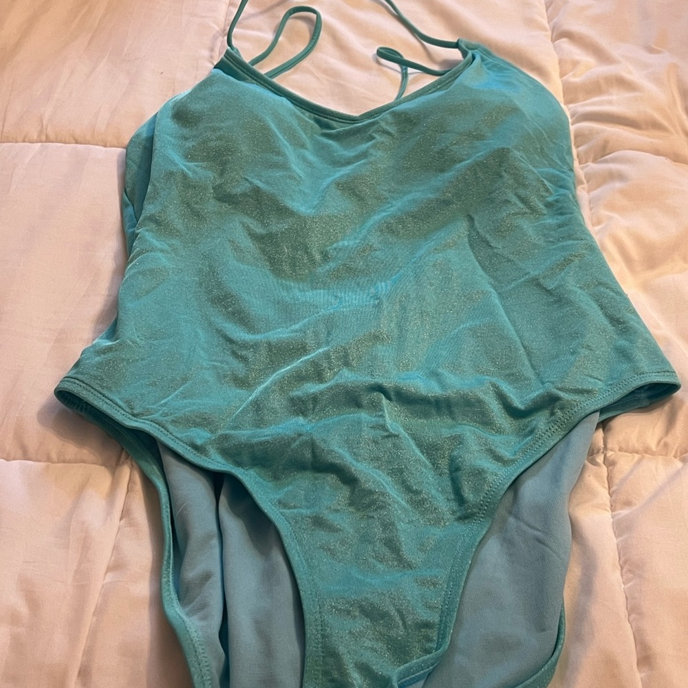 No Boundaries size 15/17 shimmering Teal One Piece Swimsuit corset back tassels